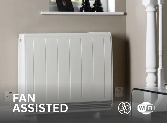 Dimplex Quantum Storage heater installed in a living room near a staircase. The text Fan Assisted is on the bottom left of the image, with the symbols for Wi-Fi and fan on the bottom right.