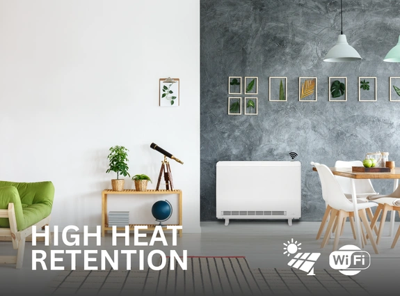 Elnur ECOHHR PLUS Storage heater installed in a living/dining room. The text High Heat Retention is on the bottom left of the image, with the symbols Wi-Fi and solar compatible on the bottom right.