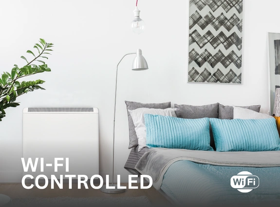 Elnur PROSSH Smart Storage heater installed in a bedroom. The text Wi-Fi Controlled is on the bottom left of the image, with the symbol for Wi-Fi compatible on the bottom right.