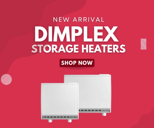 Collection of Dimplex Quantum storage heaters, with the text "NEW ARRIVAL DIMPLEX STORAGE HEATERS SHOP NOW" text above them.