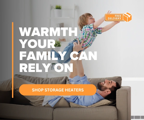 Father playing with child on couch, and an Elnur ECOHHR PLUS Storage heater in the background. The text "Warmth your family can rely on" being to the left, with a button "SHOP STORAGE HEATERS" below the text.