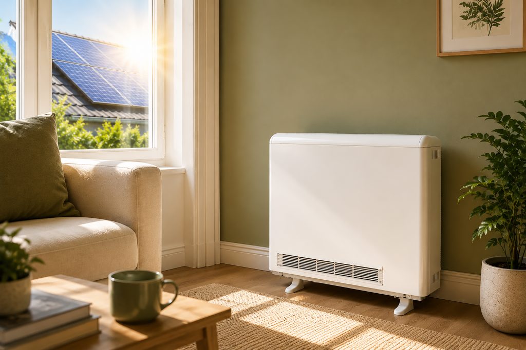 Elnur ECOHHR PLUS Storage Heater installed in a living room, with a house with solar panels installed being visible from the window to the left of it.