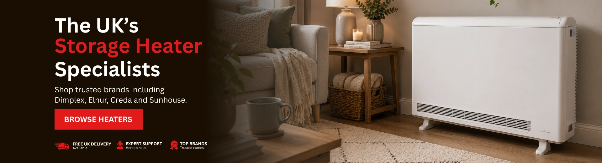 A banner with the text "The UK's Storage Heater Specialists" and the button "BROWSE HEATERS", with an image of the Elnur ECOHHR PLUS Storage Heater installed in a living room.