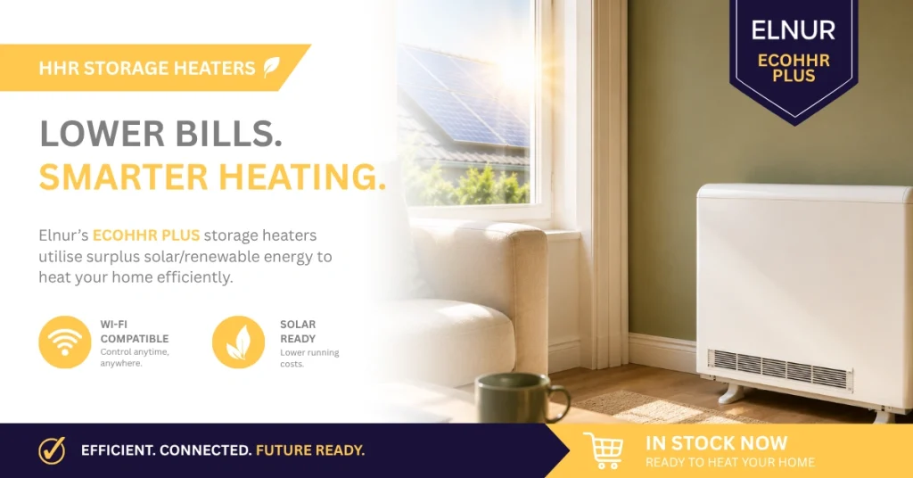 HHR Storage heater promotional image, with the Elnur ECOHHR PLUS Storage heater as a focus.