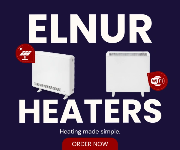 Collection of Elnur Storage Heaters with the text "Heating made simple" below it, and the button "ORDER NOW"