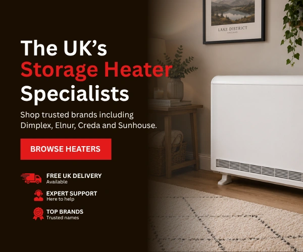A banner with the text "The UK's Storage Heater Specialists" and the button "BROWSE HEATERS", with an image of the Elnur ECOHHR PLUS Storage Heater installed in a living room.
